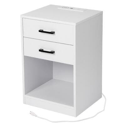 A white nightstand with two drawers and a power outlet.