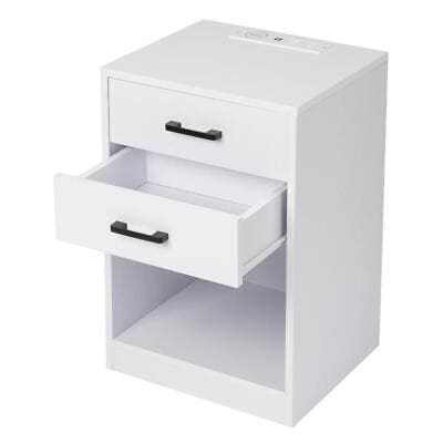 A white desk with two drawers on it.