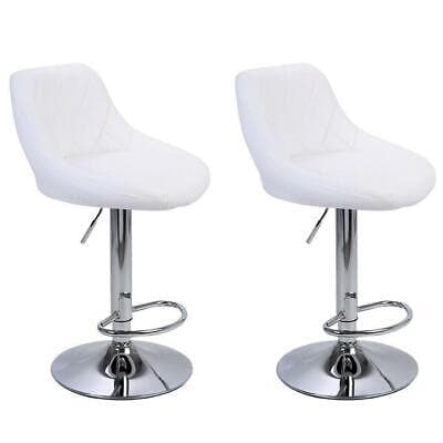 A pair of white bar stools with chrome legs.