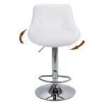 A white bar stool with a chrome base.