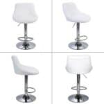 Four white bar stools with chrome legs.