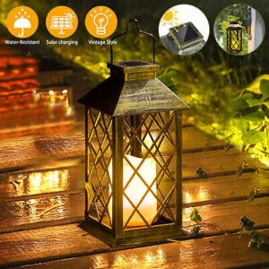 A solar powered lantern on a wooden deck.