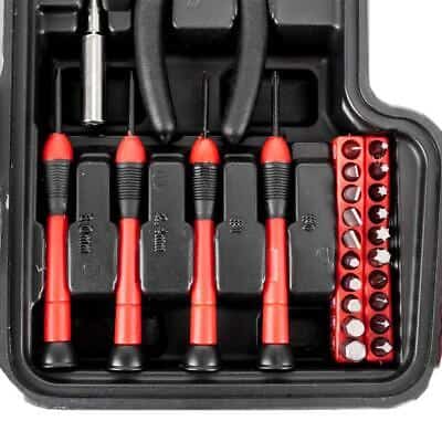 A set of tools in a black case.