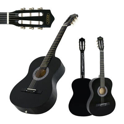 A black acoustic guitar is shown next to a white background.