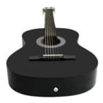 A black acoustic guitar on a white background.