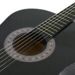 A black acoustic guitar on a white background.