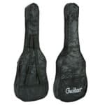 A black acoustic guitar bag with a logo on it.