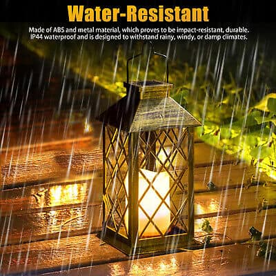 A water resistant lantern on a wooden deck in the rain.