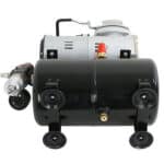 A black air compressor with wheels on a white background.