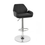 A black leather bar stool on a chrome base.