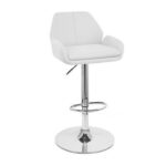 A white bar stool with a chrome base.