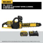 A dewalt chainsaw with a battery and accessories.