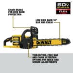 A dewalt chainsaw is shown with its features.