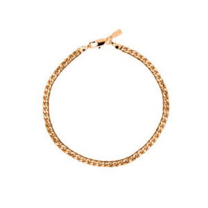 A gold chain bracelet with a clasp on a white background.