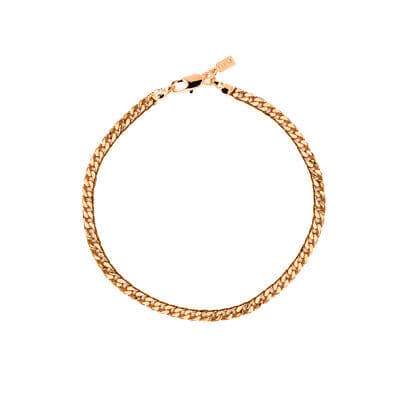 A gold chain bracelet with a clasp on a white background.