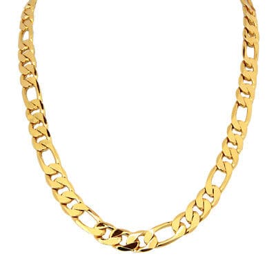 A gold plated chain necklace on a white background.