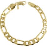 A yellow gold figaro chain bracelet on a white background.