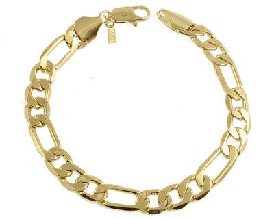 A yellow gold figaro chain bracelet on a white background.