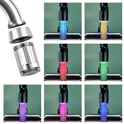 A series of pictures showing different colored lights on a faucet.