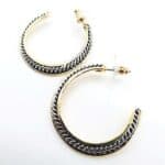 A pair of gold and black hoop earrings.