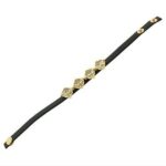 A black leather bracelet with gold and diamond accents.