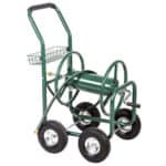 A green watering hose on a cart.