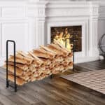 A firewood rack in front of a fireplace.