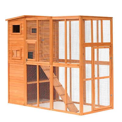 A wooden cage with a door.