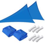 A blue triangle shaped tarp with white bones.