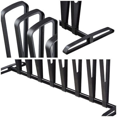 Four different pictures of a black bike rack.