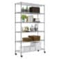 A metal shelving unit with shelves and objects on wheels.