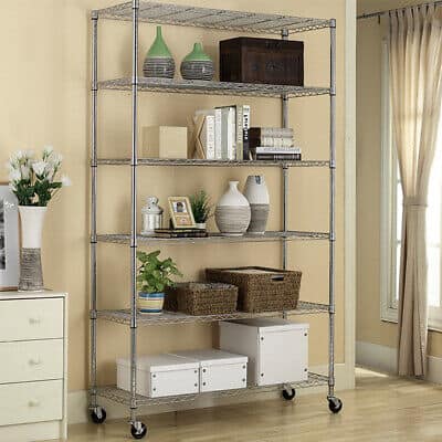 A metal shelving unit in a room.