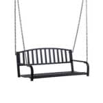 A black bench swing with chains.