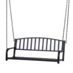 A black metal bench swing.