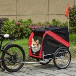 A dog in a bicycle trailer.