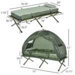 A collage of dimensions of a tent and a bed.