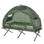 A green tent with a mattress.