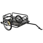 A black bicycle trailer with wheels.