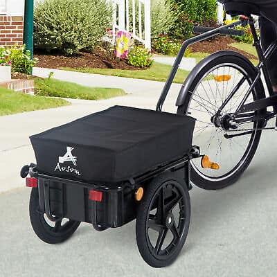 A black bicycle with a black trailer.