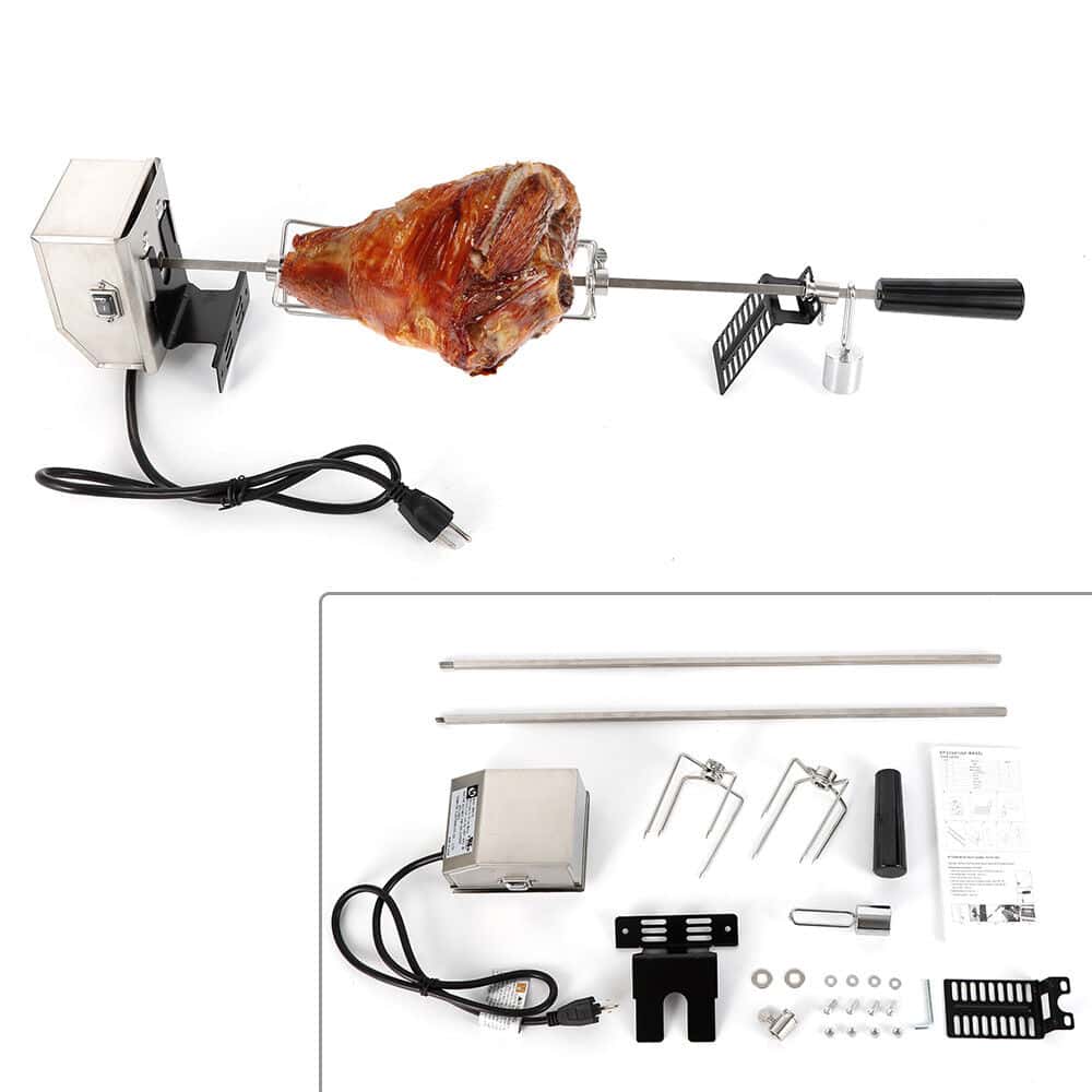 An electric rotisserie with a meat hanging on it.