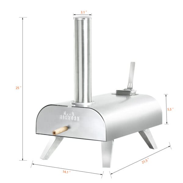 An image of a pizza oven with measurements.