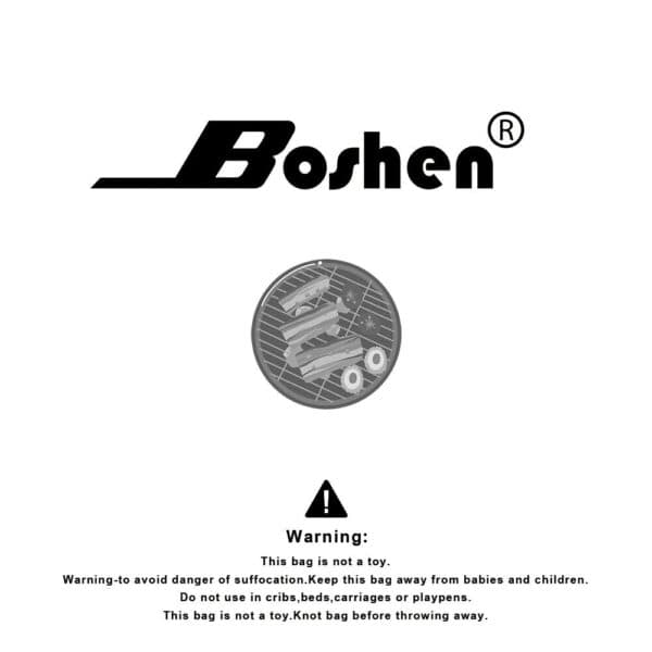 Product warning label for boshen, cautioning against suffocation hazard and advising that the bag is not a toy.