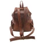 A brown leather backpack on a white background.