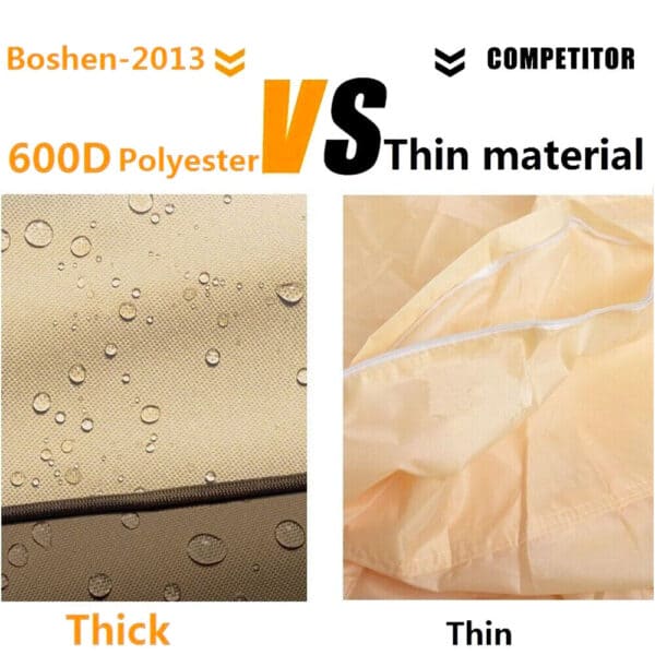 Comparison between durable 600d polyester fabric with water droplets and a piece of thin competitor's material.