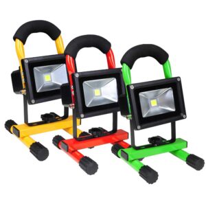 Three different colored led work lights on a stand.