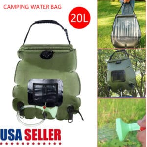 A camping water bag with a hose attached to it.