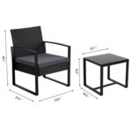 A black wicker patio chair and table with measurements.