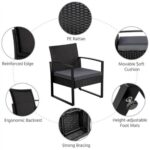 A black wicker patio chair with different features.