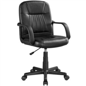 A black leather office chair on a white background.