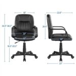 A pair of black office chairs with measurements.